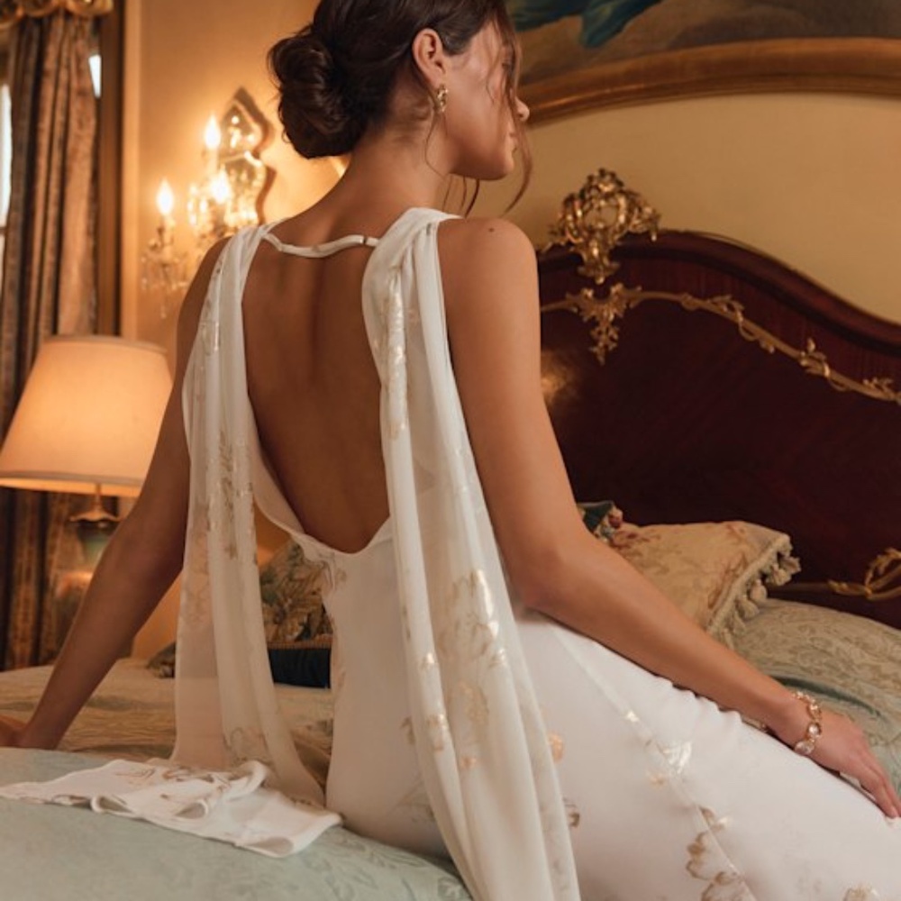 Lulus Sidonia White And Gold Floral Cowl Sash Maxi Dress - Size XS